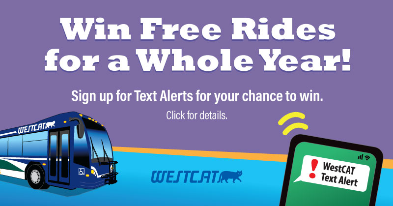 Image with text announcing your chance to Win Free Rides for a Year if you sign up for text alerts.
